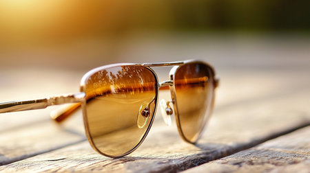 Close-up of gold-rimmed aviator sunglasses resting on a weathered wooden table, reflecting a warm sunset scene in their amber lenses, evoking a sense of relaxation and summer.の素材