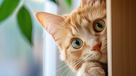 A close-up captures a ginger tabby cat peering from behind a wooden door frame, its emerald eyes wide with curiosity, creating an intimate and engaging portrait.の素材