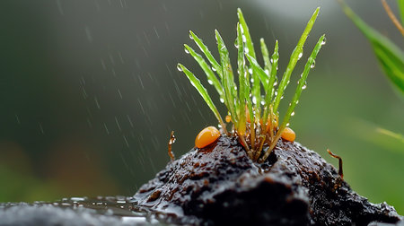 A close-up shot captures vibrant green grass sprouting from dark soil, adorned with glistening raindrops during a gentle rain shower, creating a serene and refreshing natural scene.の素材