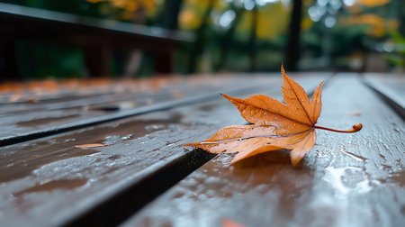 A single, vibrant orange maple leaf rests on a wet wooden table, glistening with raindrops after a rain shower. The blurred background suggests a park setting in autumn.の素材