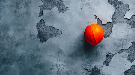 A single, bright apricot rests against a textured gray surface with peeling paint, creating a striking contrast in color and texture. The composition is simple yet visually engaging.の素材
