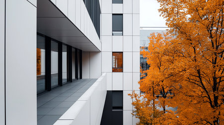 A modern building with a white and gray facade is juxtaposed with a vibrant orange tree in full autumn foliage, creating a striking contrast of color and form.の素材