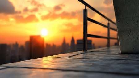 A rooftop view captures a vibrant sunset over a blurred cityscape. The warm, golden light reflects on the textured surface, creating a serene and contemplative atmosphere.の素材