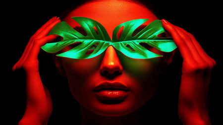 Striking portrait of a woman with red skin tone, holding a vibrant green Monstera leaf mask over her eyes against a stark black background, creating a bold, artistic statement.の素材