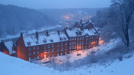 A snow-covered brick building overlooks a river valley at dusk, with falling snow and distant lights creating a serene, wintry scene. Warm light emanates from the building's windows.の素材