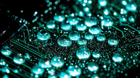 Macro shot of turquoise water droplets on a circuit board, creating an abstract, futuristic, and technological aesthetic with a dark background and vibrant highlights.の素材