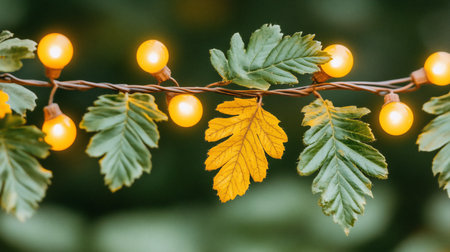 A close-up of string lights intertwined with green and yellow autumn leaves on a twig, set against a blurred green background, creating a warm, festive, and natural ambiance.の素材