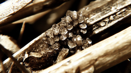 A macro shot captures frozen dew drops clustered on twigs, showcasing winter's icy touch. The close-up reveals intricate details and textures, highlighting nature's beauty.の素材