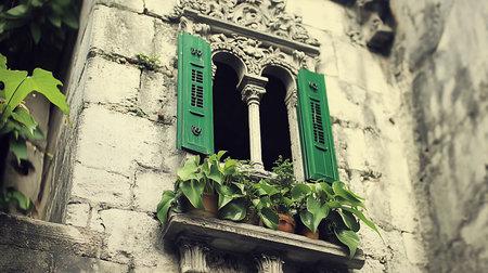 A detailed view of an ornate window with open green shutters and potted plants on a stone building, showcasing architectural detail and natural elements.の素材