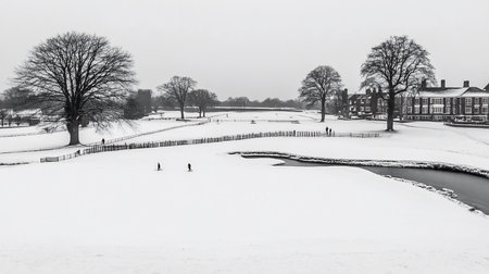 A monochrome landscape featuring a snow-covered field with bare trees, a winding stream, and distant figures, evoking a sense of quiet solitude and winter's stark beauty.の素材