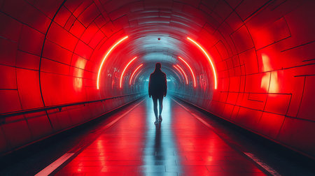 A lone figure walks away in a red-lit tunnel with neon arches, creating a sense of mystery and forward movement. The glossy floor reflects the light, enhancing the futuristic atmosphere.の素材