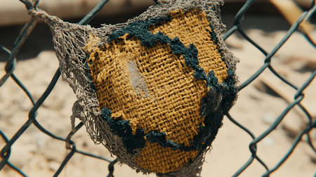 Close-up of a tattered burlap patch, adorned with dark blue stitching and frayed netting, hanging on a weathered chain-link fence, evoking a sense of abandonment and decay.の素材