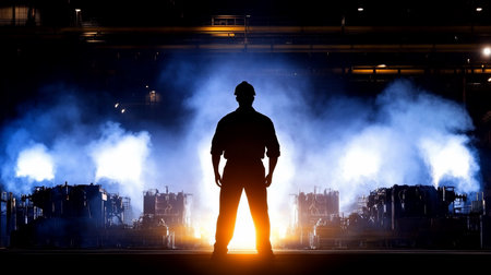A silhouetted engineer stands in a vast industrial setting, surrounded by steam and machinery, illuminated by dramatic backlighting, creating a powerful and evocative scene.の素材