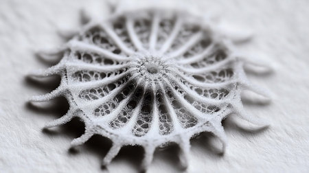 A striking macro shot showcases the intricate radial symmetry of a seed pod. The delicate, web-like structure is captured in black and white, highlighting its texture.の素材