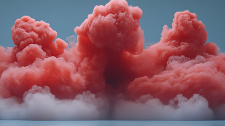 Abstract image of dense, pink smoke billowing against a light blue background, creating a dreamlike, ethereal cloudscape with soft textures and a sense of depth.の素材