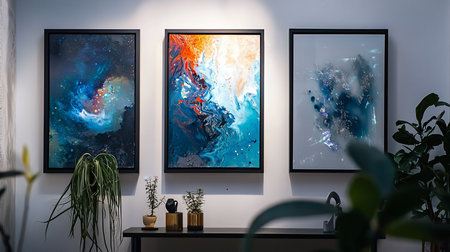 Three framed abstract paintings hang above a black console table adorned with potted plants, creating a modern art gallery aesthetic with a blend of colors and textures.の素材