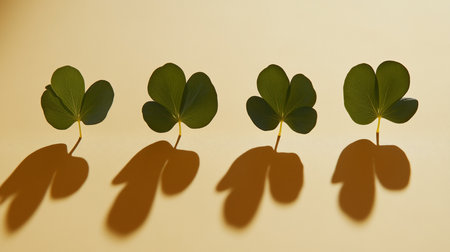 Four green leaves with stems are arranged in a row, casting shadows on a beige background. The composition is minimalist, highlighting the beauty of nature.の素材