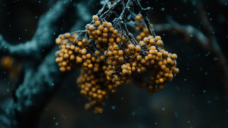 Close-up of yellow berries covered in frost on a branch during a snowfall. Dark, moody background enhances the winter scene's cold, serene atmosphere.の素材