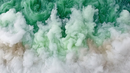 Abstract image featuring swirling green and white smoke, creating a dreamy, ethereal texture. The composition evokes a sense of fluidity and movement, resembling a cloudscape.の素材