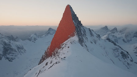A breathtaking view of a snow-covered mountain range, featuring a unique red rock formation with two tiny figures standing at its peak, under a soft, pastel-colored sky.の素材