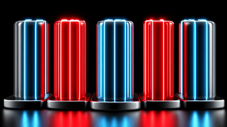 Five metallic cylinders, illuminated with vibrant red and blue neon lights, stand on a reflective black surface, creating a futuristic and high-tech aesthetic.の素材