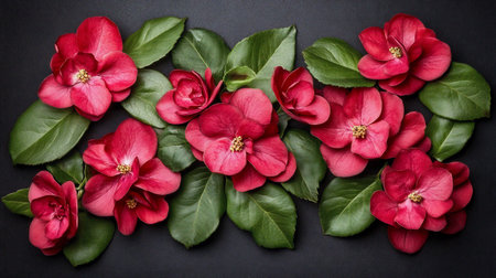 A striking arrangement of deep crimson camellias with vibrant green leaves, artfully displayed on a textured black surface, creating a dramatic contrast and highlighting the flowers' beauty.の素材