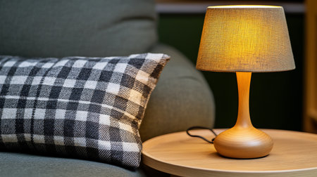 Warm, inviting interior scene featuring a glowing lamp on a wooden table next to a plaid pillow resting on a green sofa, creating a cozy atmosphere.の素材