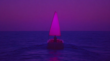 A lone figure sails on a small boat with a pink sail across a dark, purple sea under a matching sky, creating a surreal and isolated scene.の素材