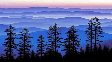 A serene landscape featuring layers of blue mountains fading into the distance, silhouetted evergreen trees in the foreground, and a soft pink and blue sky at dusk.の素材