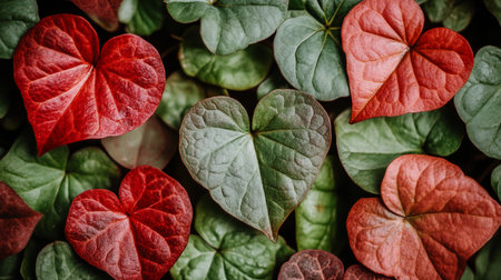 A close-up showcases heart-shaped leaves in varying shades of red and green, creating a textured botanical tapestry with intricate vein patterns and a sense of natural harmony.の素材