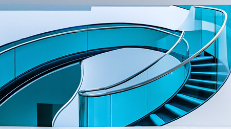 A modern staircase with a curved design, featuring blue glass railings and carpeted steps, set against a minimalist white interior. The composition emphasizes the clean lines and geometric forms.の素材
