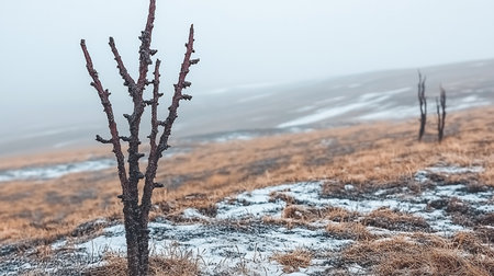 A stark, bare tree stands in a winter landscape, its silhouette contrasting against a snow-dusted hillside under a foggy sky. Another tree is visible in the background.の素材