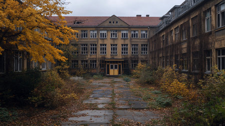 An abandoned school building in autumn, featuring golden leaves, decaying architecture, and a desolate atmosphere. Overgrown vegetation and fallen leaves cover the courtyard.の素材