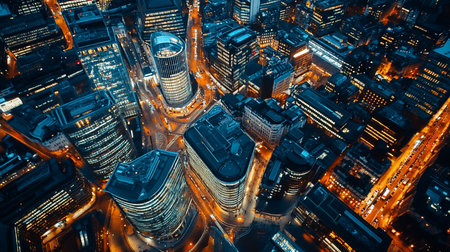 A captivating aerial shot of London's financial district at night, showcasing illuminated skyscrapers and streets. The image captures the vibrant energy and architectural grandeur of the city.の素材