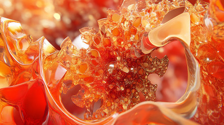 A macro shot reveals an abstract composition of amber-toned honeycomb structures intertwined with fluid, glassy elements, bathed in warm, diffused light.の素材