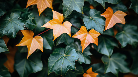 A close-up shot of ivy leaves, some transitioning to golden hues, contrasting with the deep green foliage. The image captures the essence of autumn's arrival.の素材