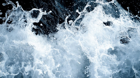 A high-speed photograph captures the dynamic energy of a water splash, showcasing turbulent motion and intricate details against a dark background, emphasizing the water's texture and form.の素材