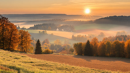 A serene autumn landscape bathed in golden sunlight, with mist-filled valleys, rolling hills, and vibrant fall foliage creating a picturesque, tranquil scene.の素材