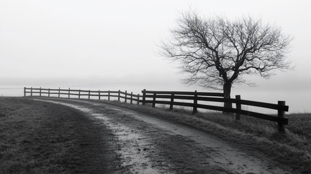 A monochrome landscape featuring a winding dirt path with a wooden fence, leading to a bare tree silhouetted against a foggy horizon, creating a serene and atmospheric scene.の素材