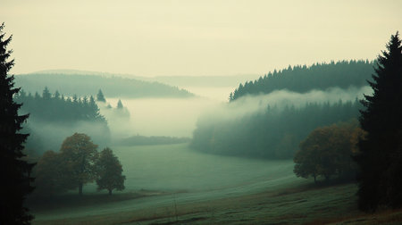 A serene landscape featuring rolling green hills and dense forests shrouded in mist. The soft, diffused light creates a tranquil, ethereal atmosphere.の素材
