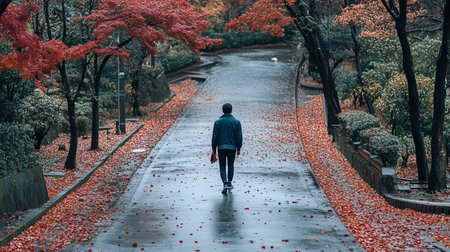 A lone man walks away on a wet path covered in fallen red maple leaves. The scene evokes a sense of solitude and contemplation amidst the beauty of autumn.の素材