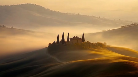 A serene Tuscan landscape bathed in golden dawn light, with rolling hills shrouded in mist, a villa perched atop, and iconic cypress trees standing guard.の素材