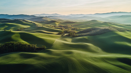 Aerial view of the rolling green hills of Tuscany, Italy, at dawn. The landscape is bathed in soft, golden light, creating a serene and peaceful atmosphere.の素材