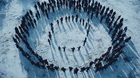 Aerial view of a large group of people standing in a circle on a snow-covered field. Some individuals are raising their hands, creating a sense of unity or protest.の素材