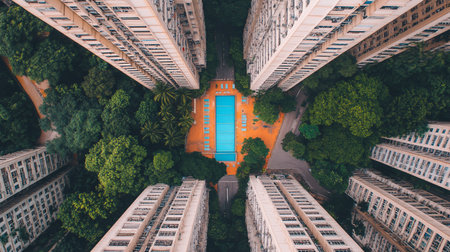 A striking aerial perspective of Hong Kong's dense urban landscape, featuring towering apartment buildings surrounding a vibrant blue swimming pool and lush greenery.の素材