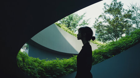 A woman's silhouette stands in a modern architectural space with lush greenery, creating a contemplative mood. The composition highlights the contrast between dark form and natural light.の素材