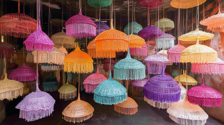 A captivating display of handcrafted lampshades in a spectrum of colors, suspended from the ceiling, creating a vibrant and whimsical atmosphere with intricate woven details.の素材
