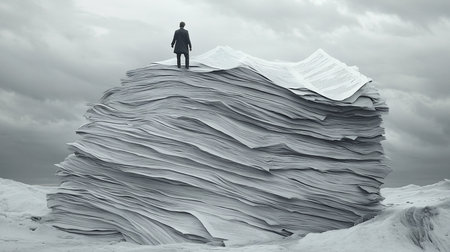 A lone man stands atop a massive mountain of paper, symbolizing being overwhelmed by paperwork, bureaucracy, or information overload in a bleak, monochrome landscape under a cloudy sky.の素材