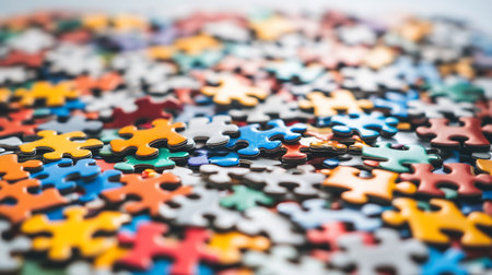 A close-up shot of scattered, colorful jigsaw puzzle pieces. The pieces are in focus in the foreground, creating an abstract pattern with a shallow depth of field.の素材