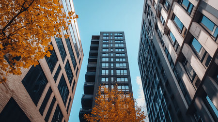 A low-angle shot captures three modern buildings framed by vibrant orange autumn foliage against a clear blue sky, blending nature with urban architecture in a striking composition.の素材